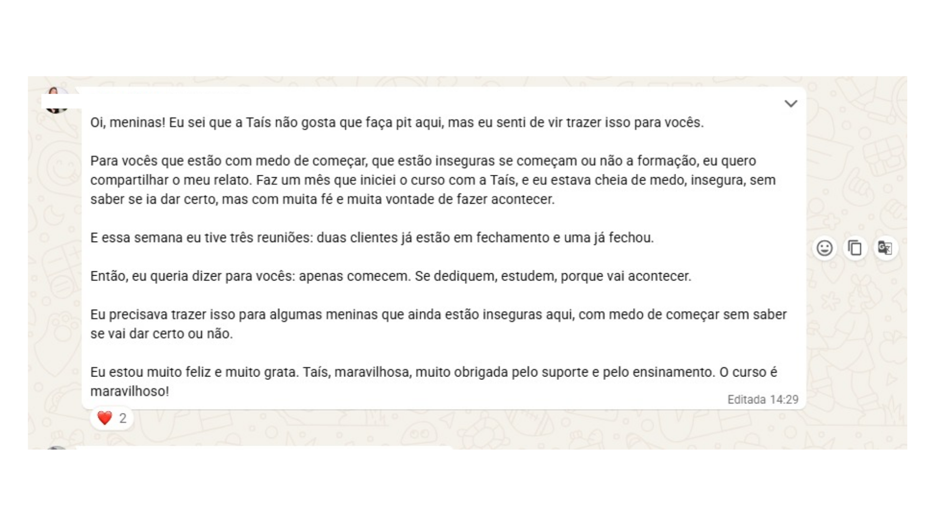 Mensagem de aluna sobre os resultados