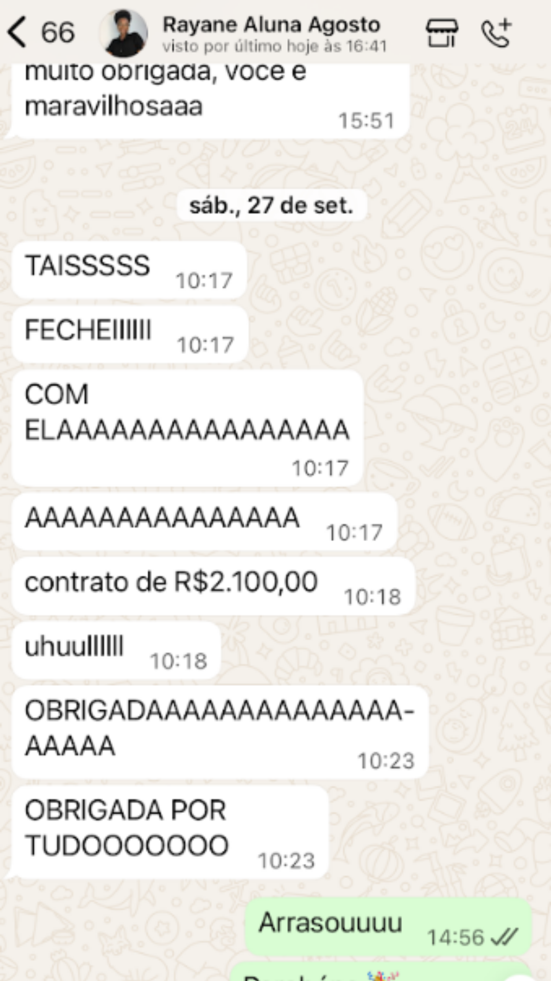 Mensagem de aluna sobre os resultados