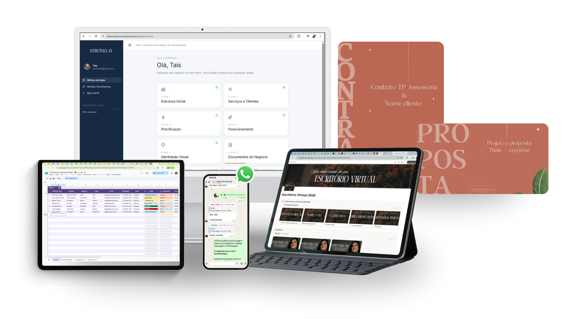 Aplicativo Estrutura AV com dashboard, documentos profissionais, escritório virtual no Notion e suporte via WhatsApp